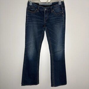 Silver Jeans Aiko Bootcut W30/L31 Dark Wash Embroidered Pockets Distressed
